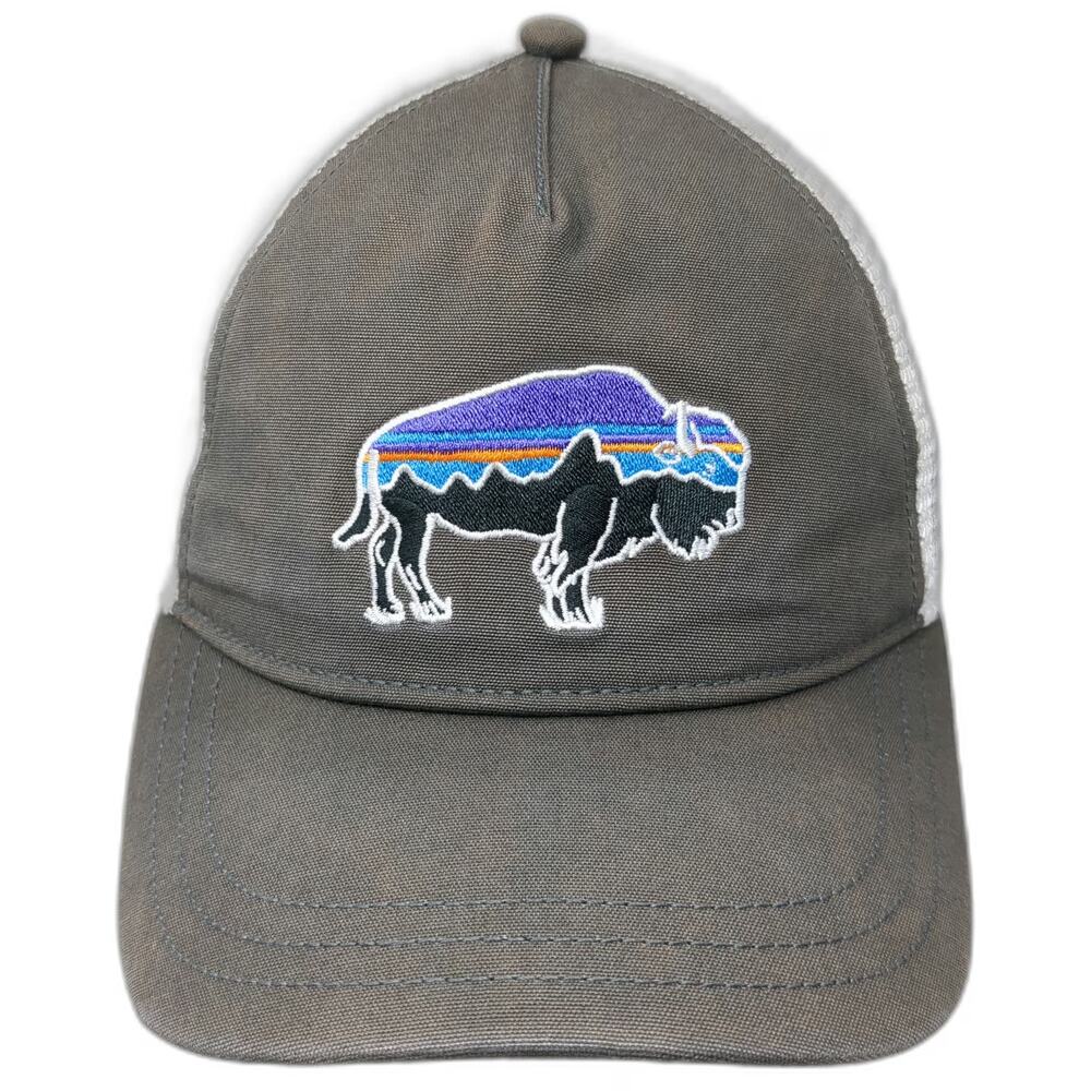 Patagonia Trucker Hat Gray One Size Bison Embroidered Mesh Snapback Hat Blue